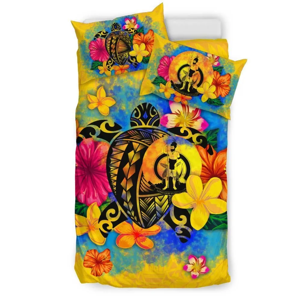 FamilyGater Bedding Set - Cover and Pillow Cases Vanuatu Polynesian - Turtle with Plumeria and Hibiscus - BN15