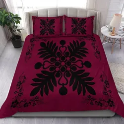 Alohawaii Home Set - Hawaiian Quilt Maui Plant And Hibiscus Pattern Bedding Set - Black Burgundy - AH J8