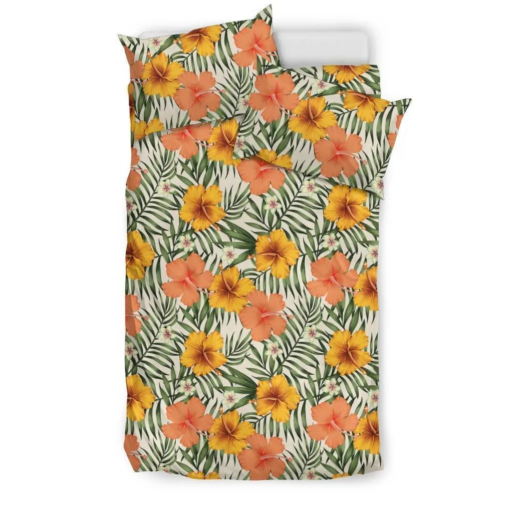 Hawaiian Tropical Hibiscus Flowers Palm Leaves Polynesian Bedding Set