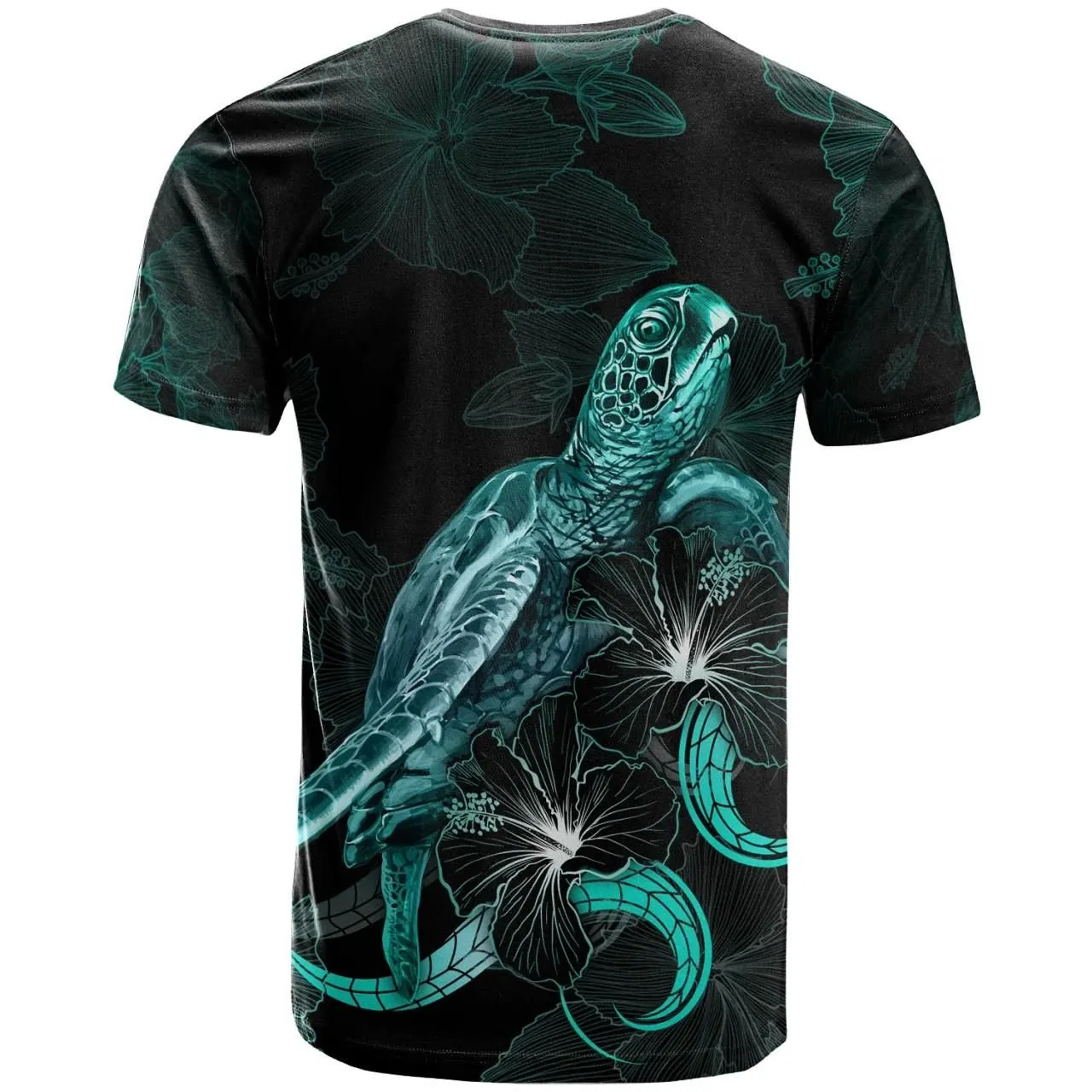 CNMI Polynesian T-Shirt - Turtle With Blooming Hibiscus Turquoise