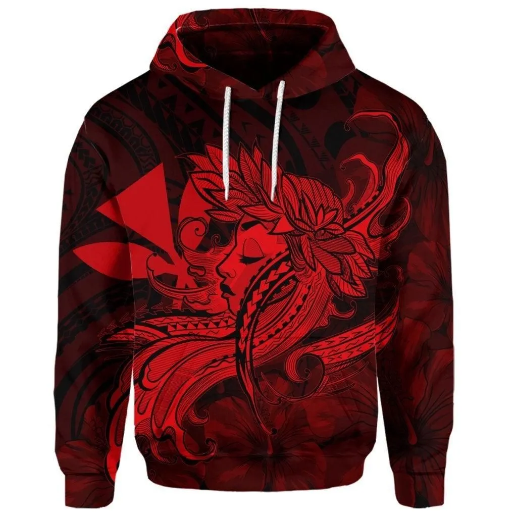 (Personalised) Hawaiian Map Hula Girl Hibiscus Kanaka Polynesian Hoodie - Red