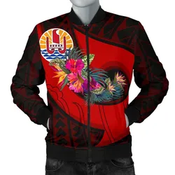 Tahiti Mens Bomber Jacket - Polynesian Hook and Hibiscus Red