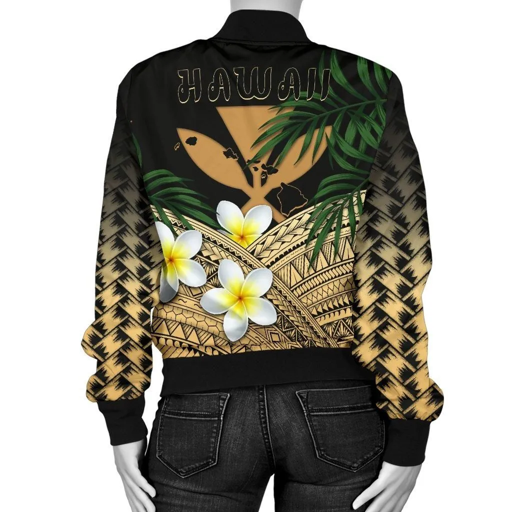 Kanaka Maoli (Hawaiian) Womens Bomber Jacket, Polynesian Plumeria Banana Leaves Gold