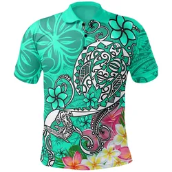 Polynesian Polo Shirt - Turtle Plumeria Turquoise Color