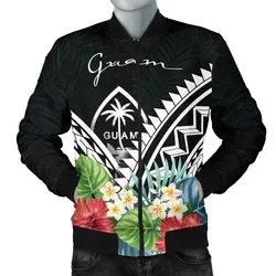 Guam Mens Bomber Jacket - Guam Coat of Arms & Polynesian Tropical Flowers White