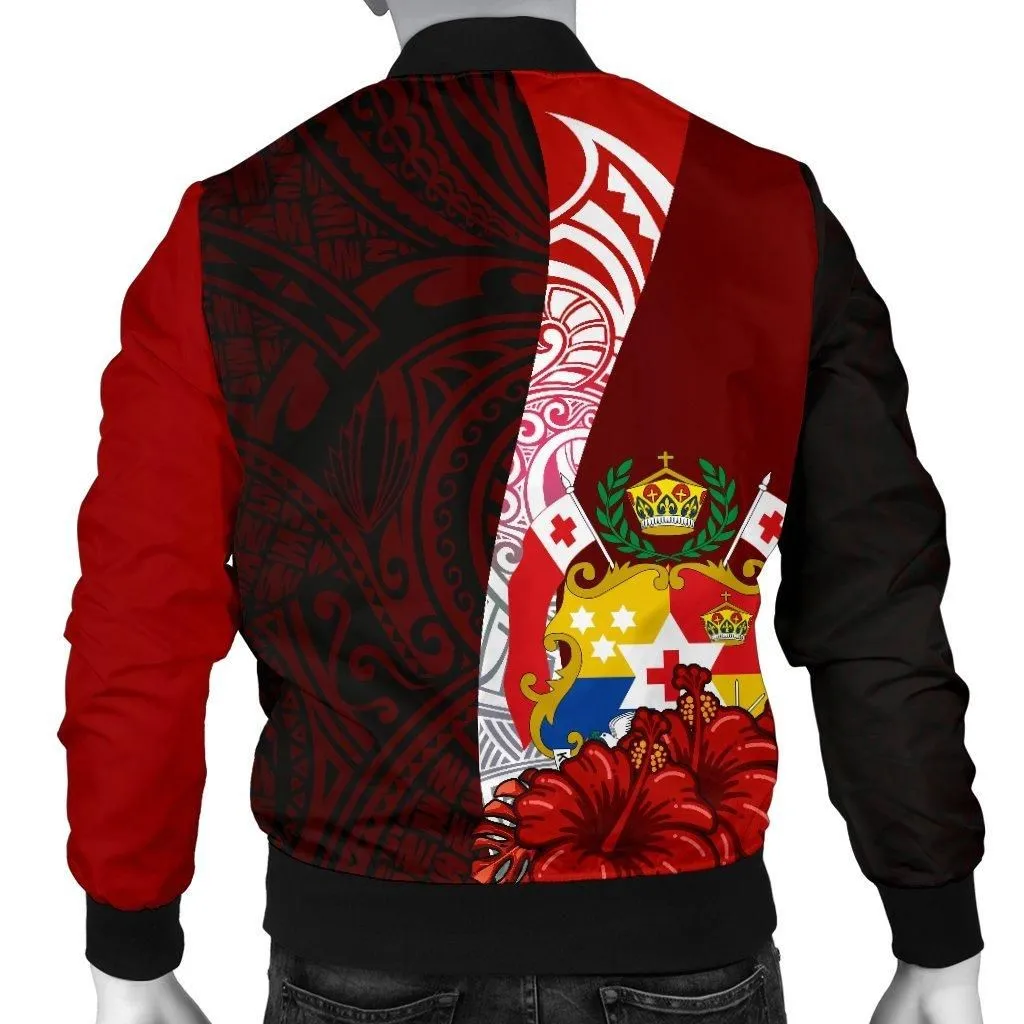 Tonga Polynesian Mens Bomber Jacket - Coat Of Arm With Hibiscus