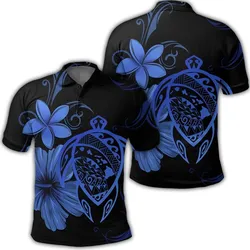 Hawaiian Map Turtle Hibiscus Plumeria Polynesian Polo Shirt - Blue - AH
