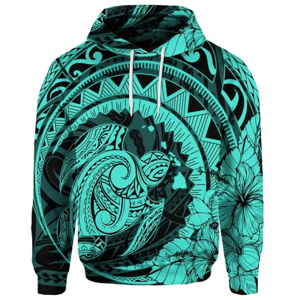 Alohawaii Hoodie - (Personalised) Hawaiian Kanaka Honu Map Hibiscus Globular Polynesian Turquoise Hoodie - AH - JR
