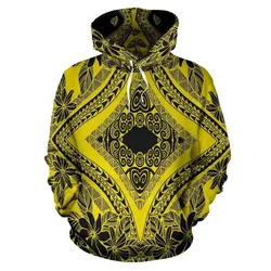 Alohawaii Hoodie - Polynesian Plumeria Mix Yellow Black Pullover - AH - JR