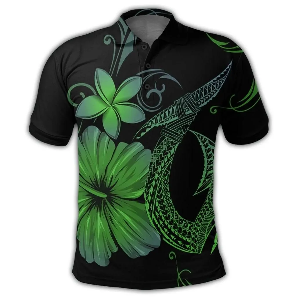 Alohawaii Shirt - Hawaiian Fish Hook Hibiscus Plumeria Polynesian Polo Shirt - Green - AH - J4R