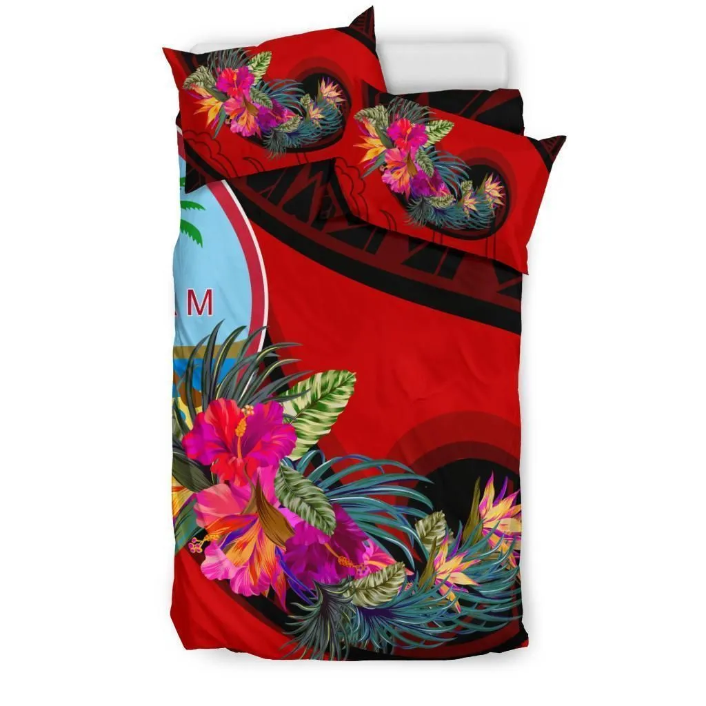 Guam Bedding Set - Polynesian Hook and Hibiscus (Red)