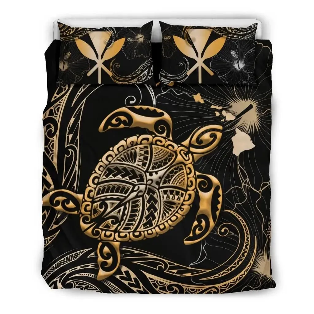 Alohawaii Bedding Set - Cover and Pillow Cases Kanaka Maoli Hawaiian Map - Turtle Polynesian Hibiscus Gold K4