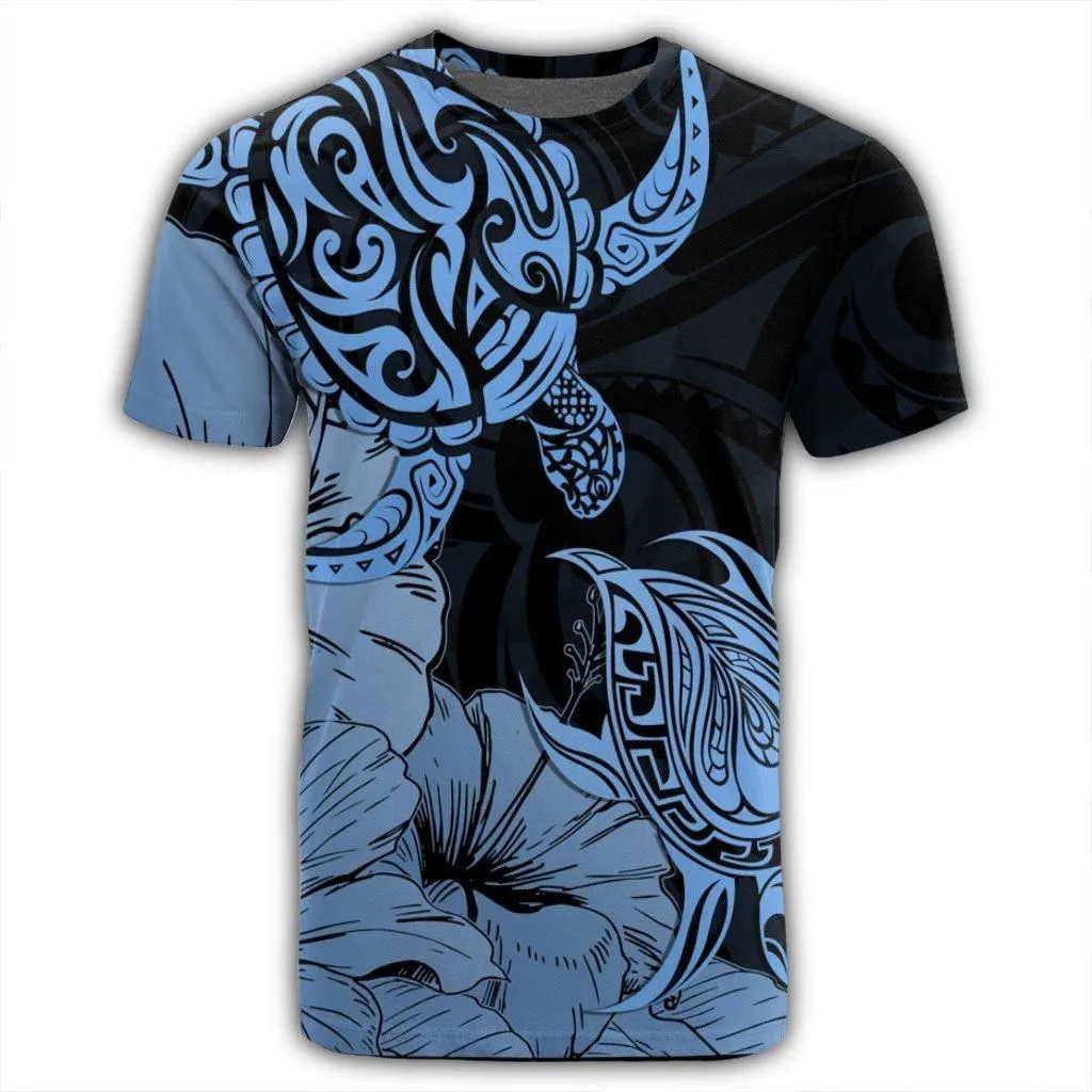 Hawaii Turtle T-Shirt Polynesian Hibiscus Art Blue - AH