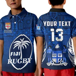 (Custom Text and Number) Fiji Rugby Polo Shirt KID Flying Fijians Blue Tapa Pattern LT13