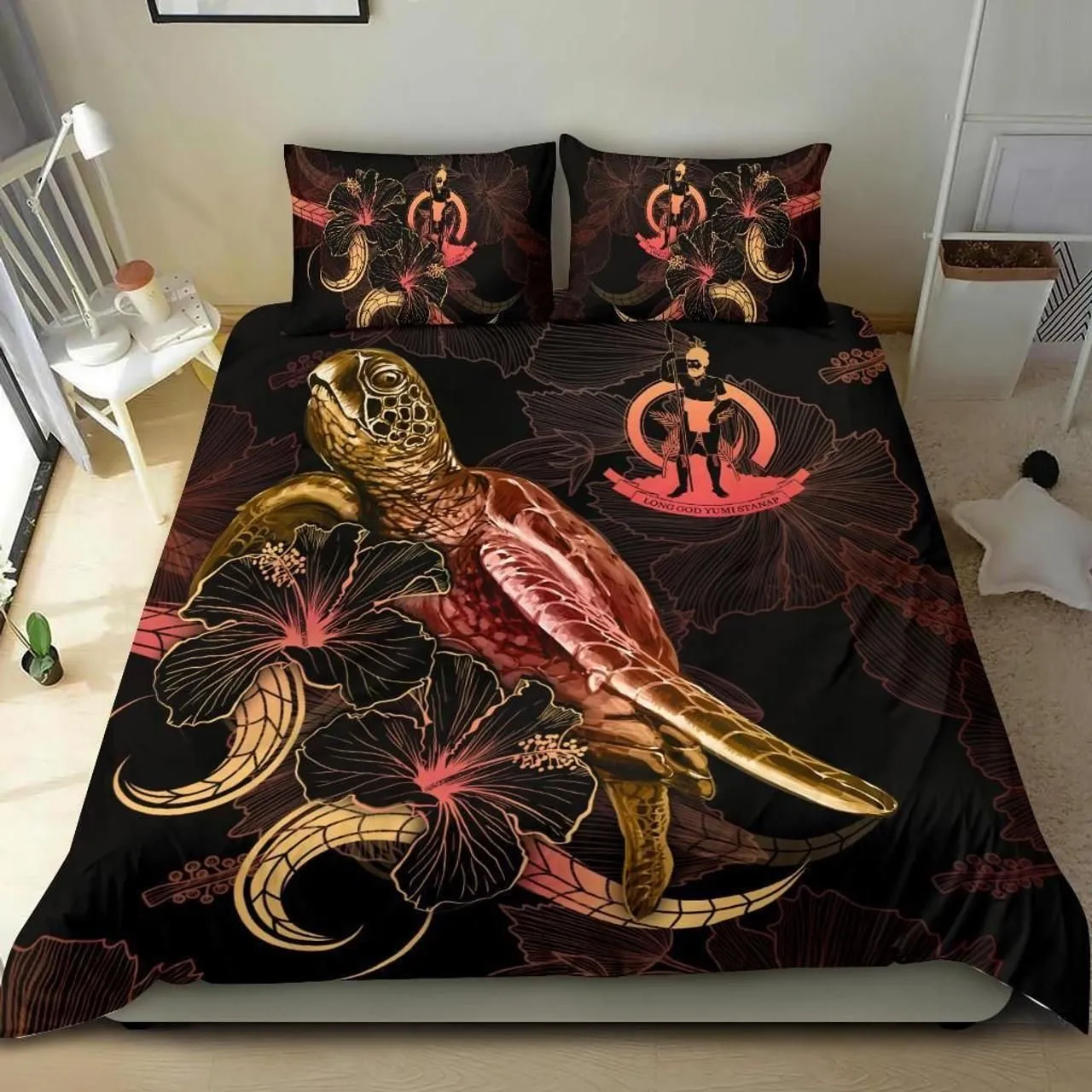 Vanuatu Polynesian Bedding Set - Turtle With Blooming Hibiscus Gold
