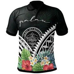 Palau Polo Shirt - Palau Coat of Arms and Polynesian Tropical Flowers White