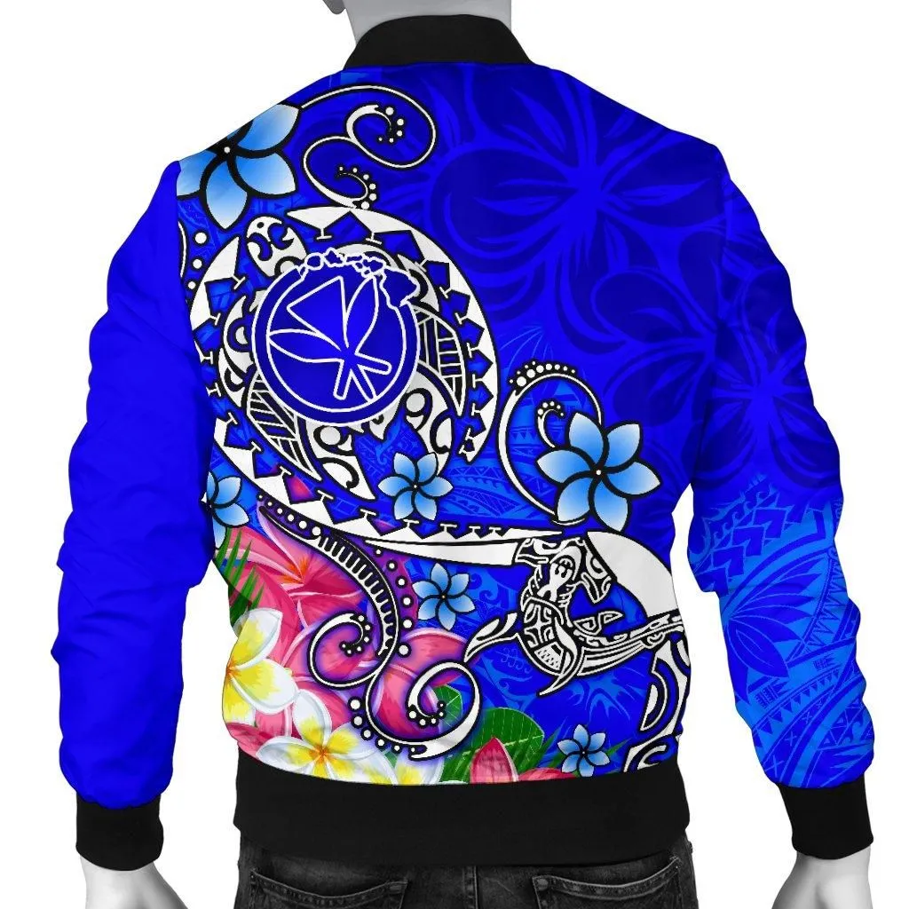 Hawaii Mens Bomber Jacket  - Turtle Plumeria Polynesian Tattoo Blue Color