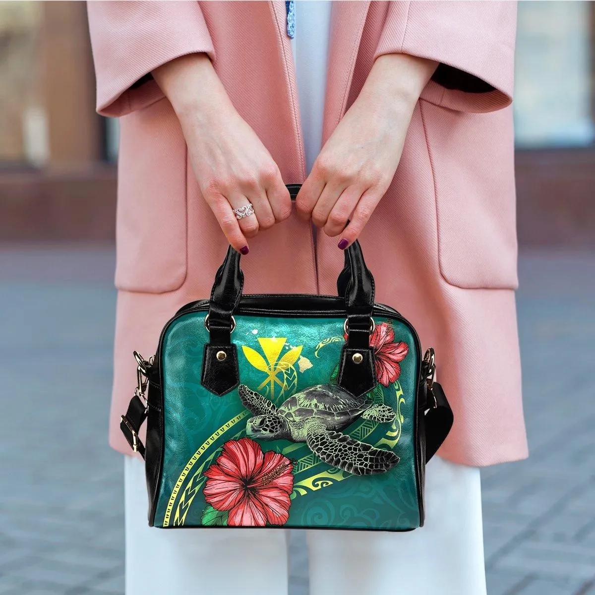 Hawaii Polynesian Shoulder Handbag - Green Turtle Hibiscus