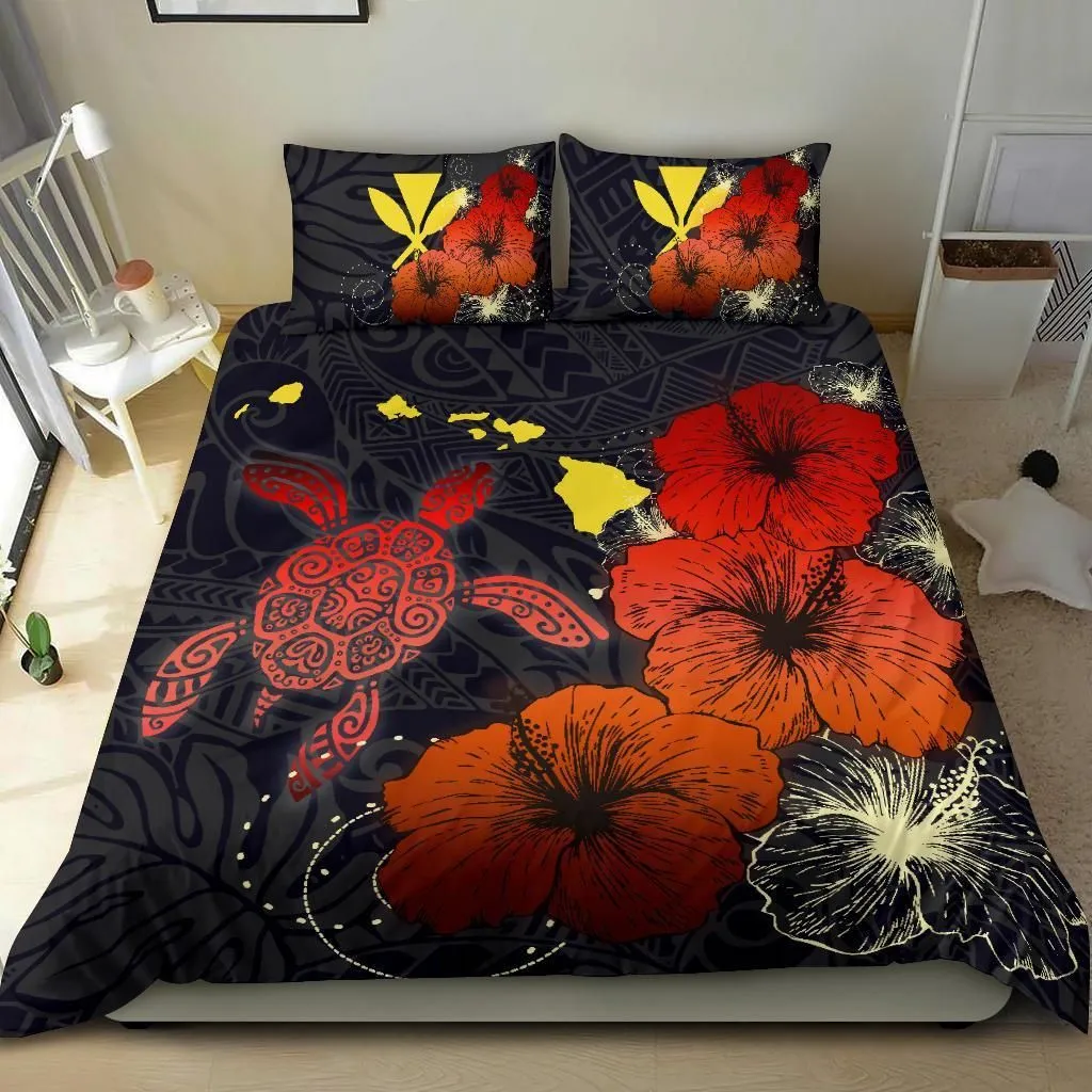 Hawaiian Hibiscus Turtle Polynesian Bedding Set - Maps Style Red