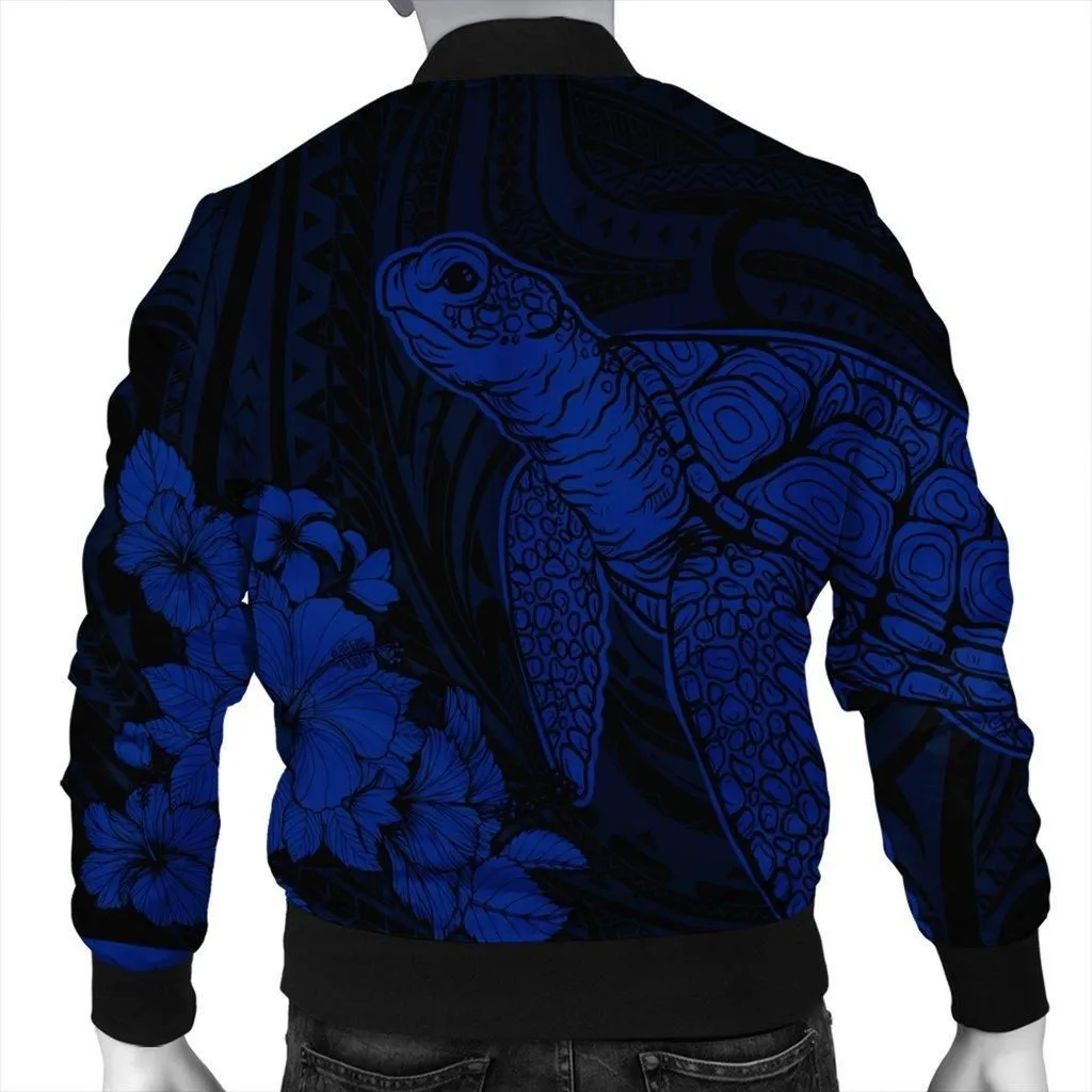 Hawaiian Hibiscus Memory Turtle Polynesian Bomber Jacket Blue