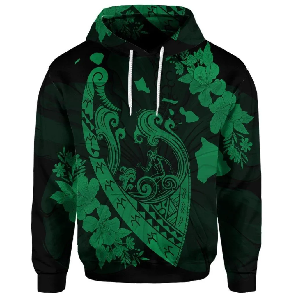 (Personalised) Hawaiian Fish Hook Hibiscus Banzai Surfing Polynesian Hoodie Green - AH