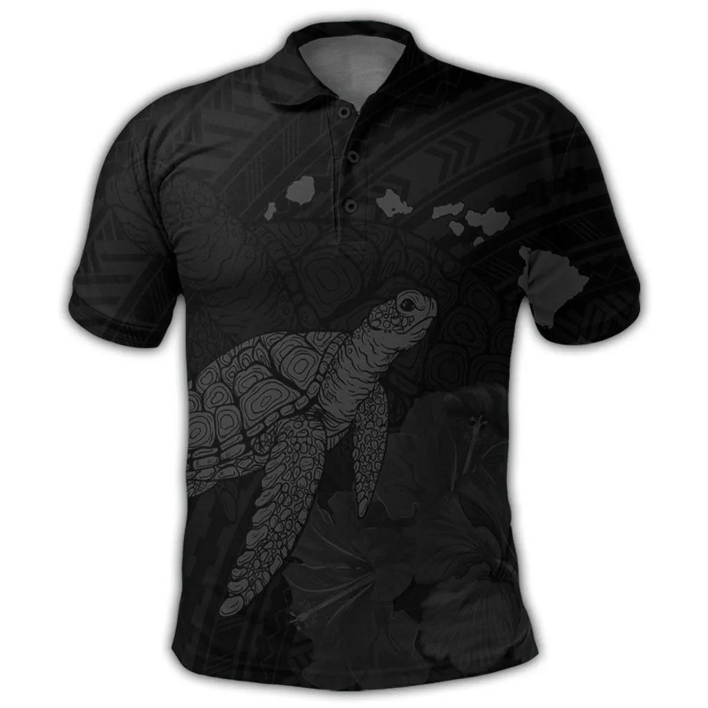 Hawaii Polynesian Hibiscus Turtle Map Polo Shirt Grey