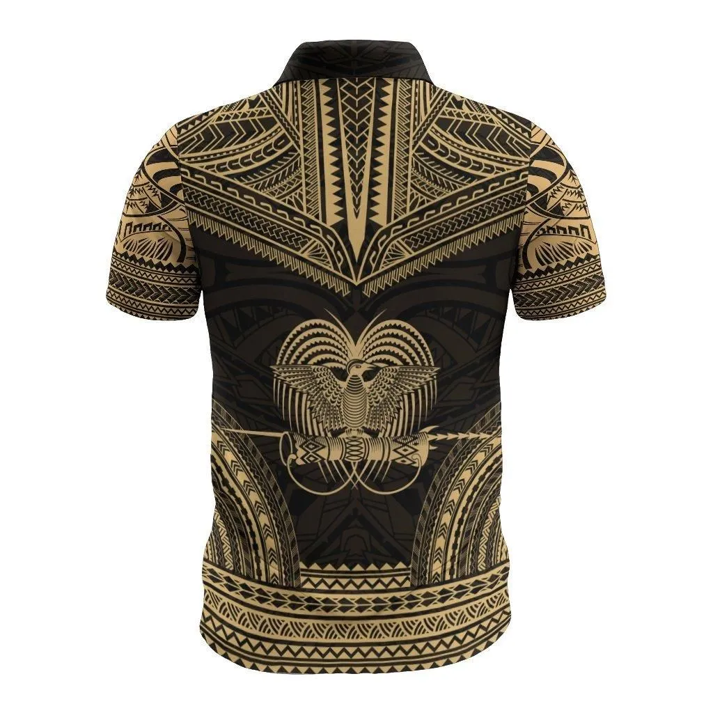 Papua New Guinea Polo Shirt - Papua New Guinea Coat Of Arms Polynesian Chief Tattoo Gold Version