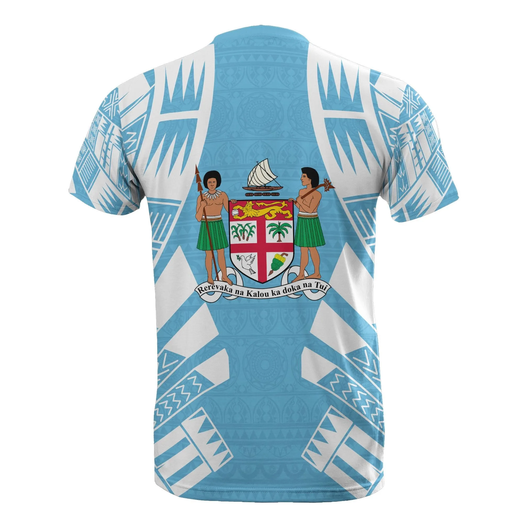 Fiji T-Shirt - Fiji Coat Of Arms Polynesian Tattoo Light Blue Style