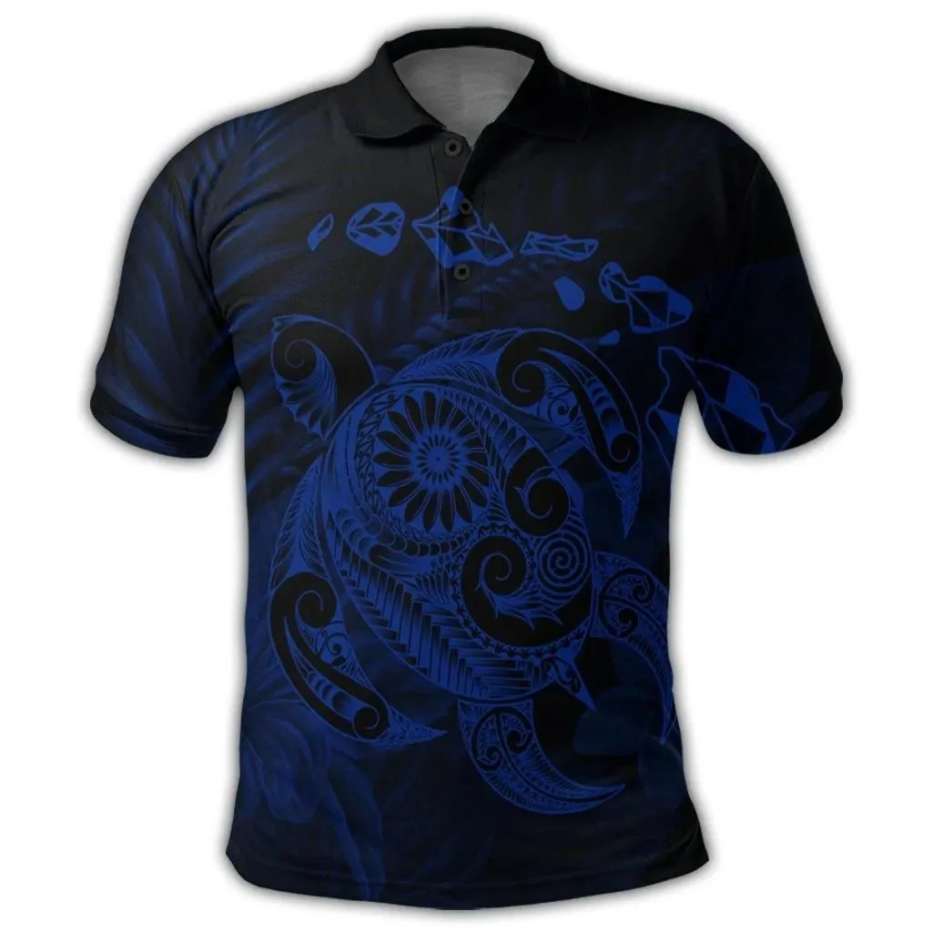 Alohawaii Shirt - Hawaiian Map Turtle Tattoo Hibiscus Plumeria Polynesian Polo Shirt - Blue - AH - J4R