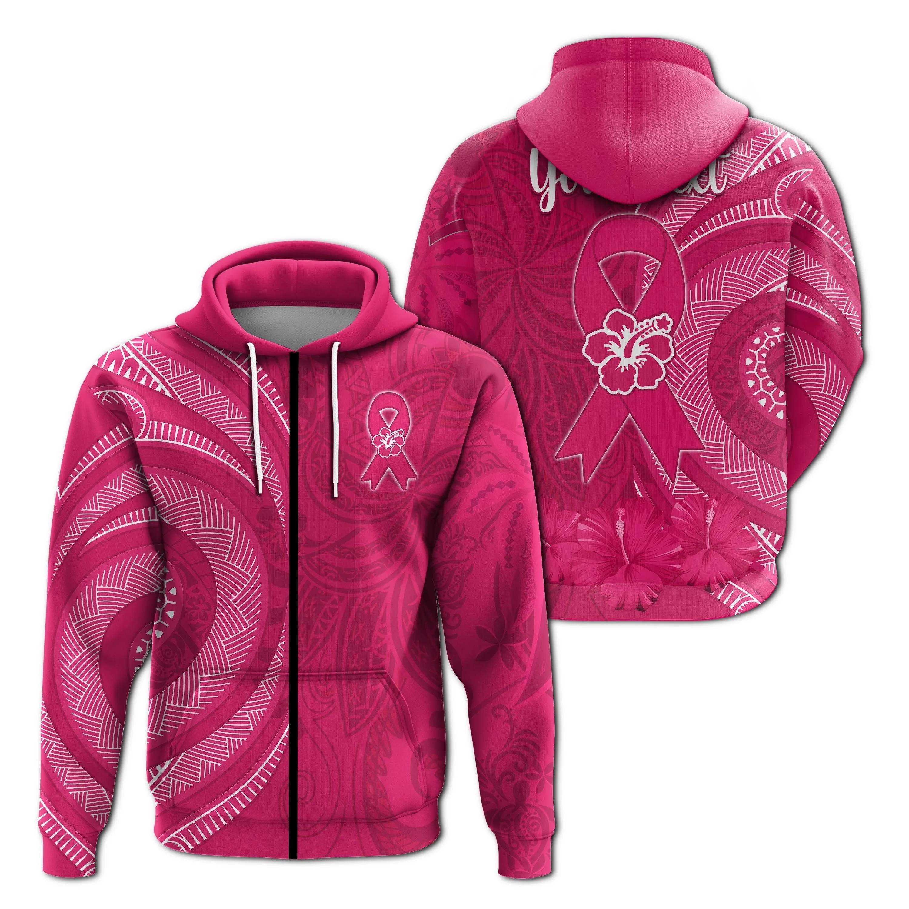 (Custom Personalised) Breast Cancer Awareness Hoodie Hibiscus Polynesian No One Fights Alone LT13