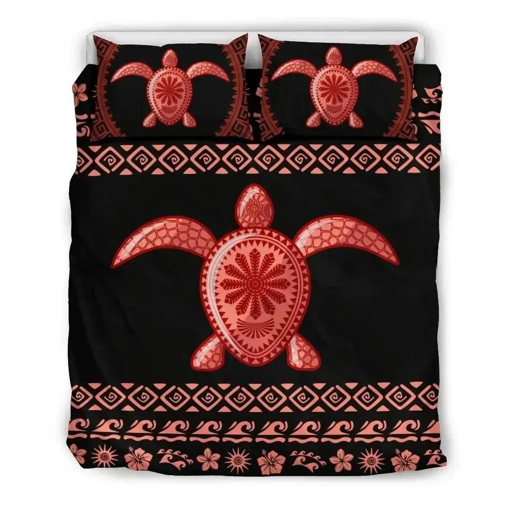 FamilyGater Bedding Set - Cover and Pillow Cases Hawaiian Hibiscus Turtle Polynesian - Red Version - AH - J1