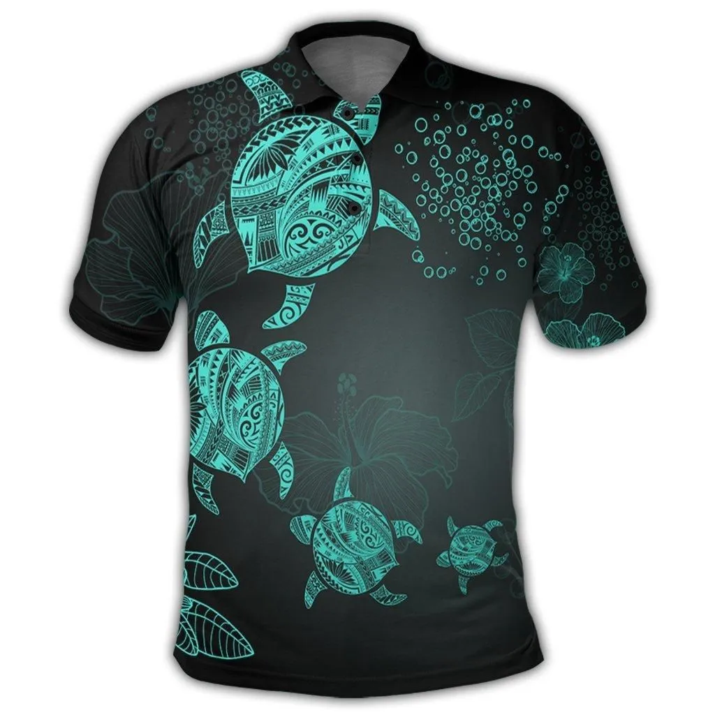 Hawaiian Plumeria Hibiscus Turtle Under Sea Polynesian Polo Shirt Blue AH