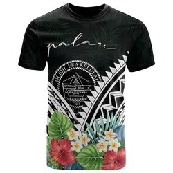 Alohawaii T-Shirt - Tee Palau Polynesian - Palau Coat of Arms & Polynesian Tropical Flowers White - BN22