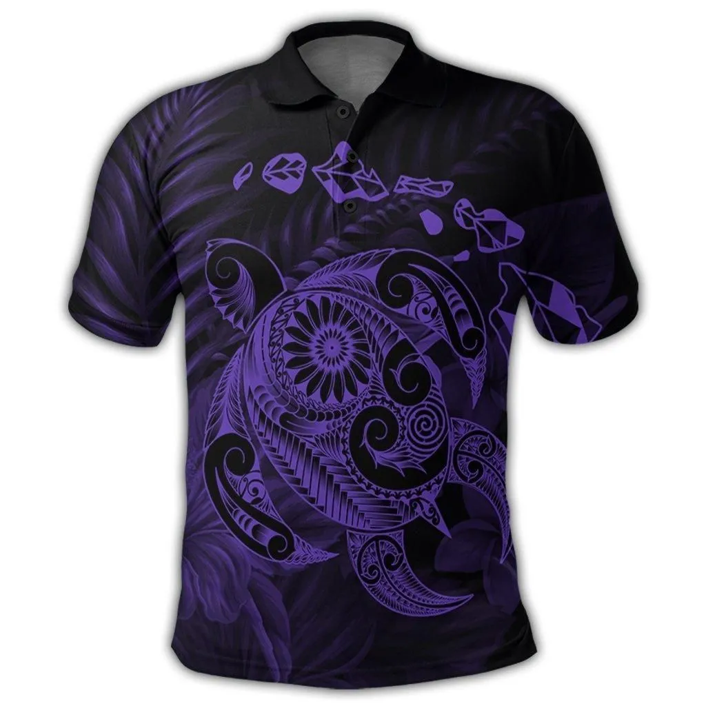 Hawaiian Map Turtle Tattoo Hibiscus Plumeria Polynesian Polo Shirt - Purple