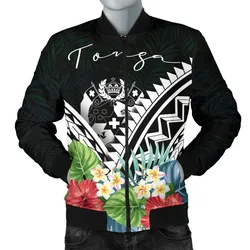 Tonga Mens Bomber Jacket - Tonga Caledonia Coat of Arms and Polynesian Tropical Flowers White