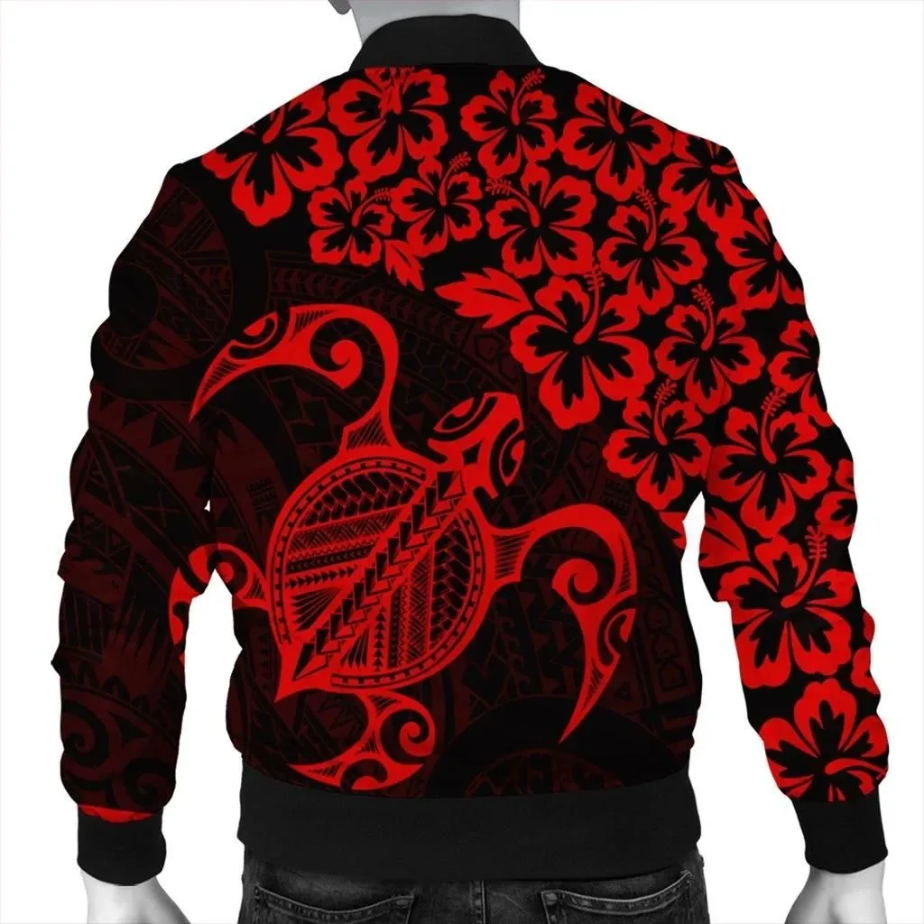FamilyGater Jacket - Hawaiian Map Turtle Hibiscus Kanaka Polynesian Bomber Jacket - Red - AH - J4R