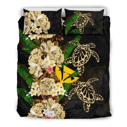 Alohawaii Bedding Set - Cover and Pillow Cases Kanaka Maoli (Hawaiian) - Polynesian Hibiscus Turtle Palm Leaves Gold A02