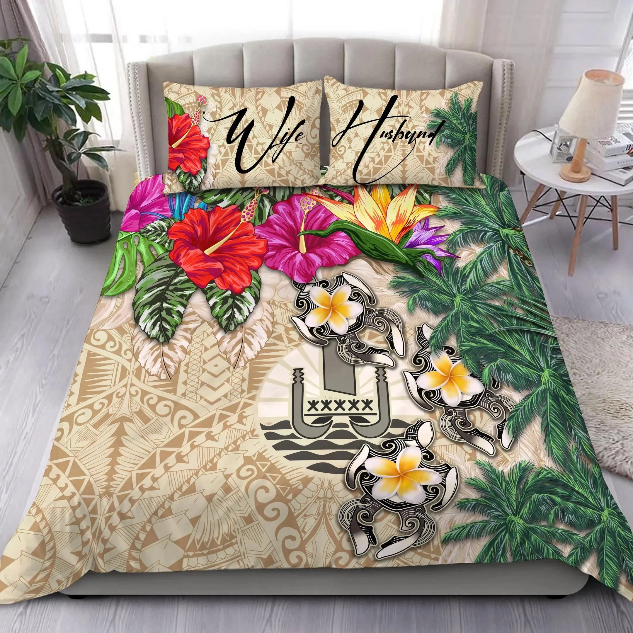 FamilyGater Bedding Set - Cover and Pillow Cases (Custom) Tahiti Hibiscus Turtle Beige Personal Signature A02