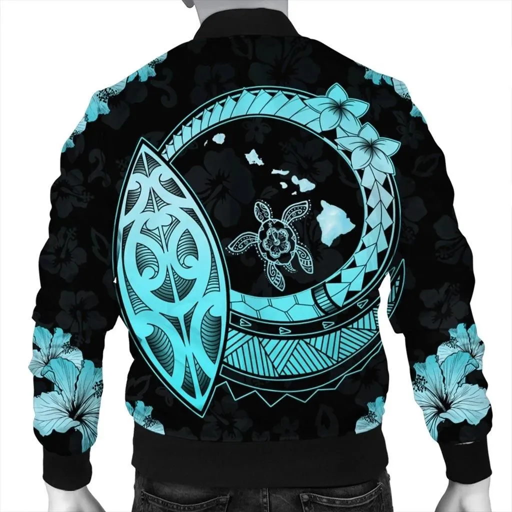 Alohawaii Jacket - Hawaii Turtle Hibiscus Map Polynesian Bomber Jacket Turquoise - AH - JR