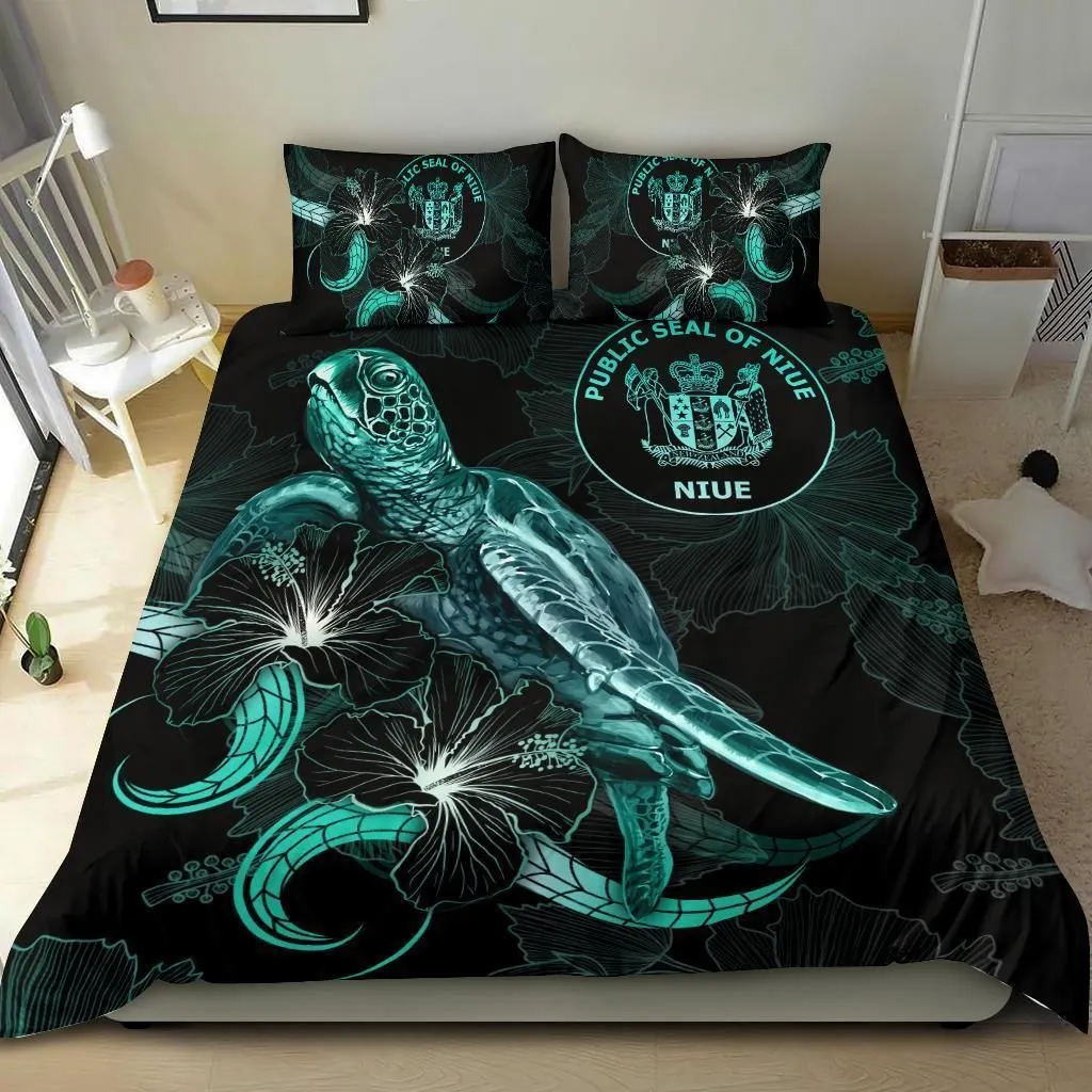 Niue Polynesian Bedding Set - Turtle With Blooming Hibiscus Turquoise