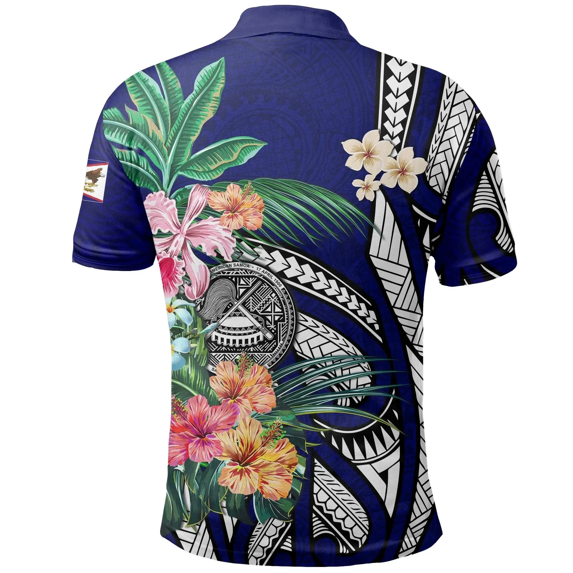 American Samoa All Over Print Polo Shirt Coat Of Arms Polynesian With Hibiscus - Blue TH5