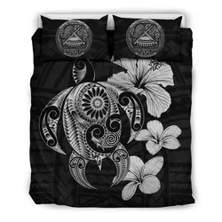 Alohawaii Bedding Set - Cover and Pillow Cases American Samoa Hibiscus Plumeria Mix Polynesian Turtle Gray J1