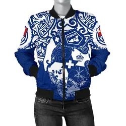 Tonga Polynesian Bomber Jacket (Women)  - Tongan Pride (Bright Blue) - BN15