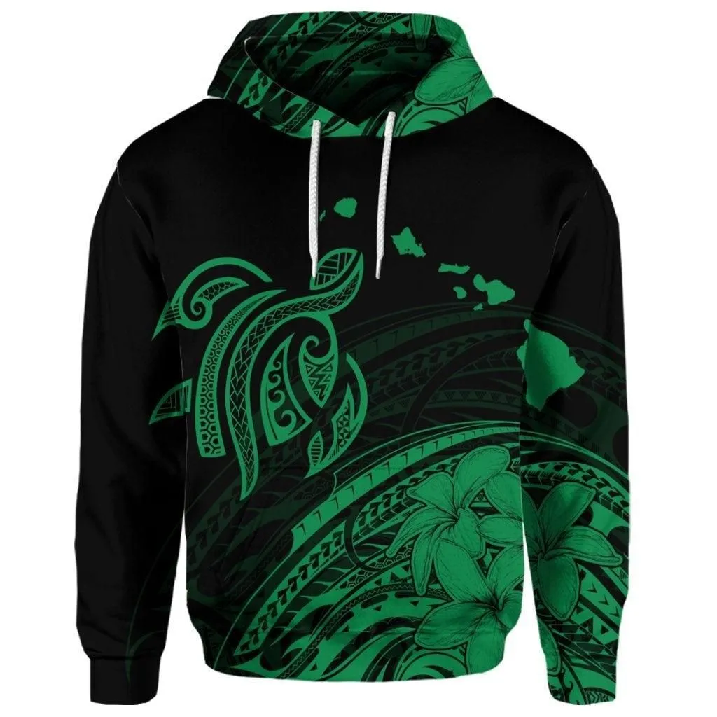 (Personalised) Hawaii Turtle Polynesian Map Plumeria Hoodie Green