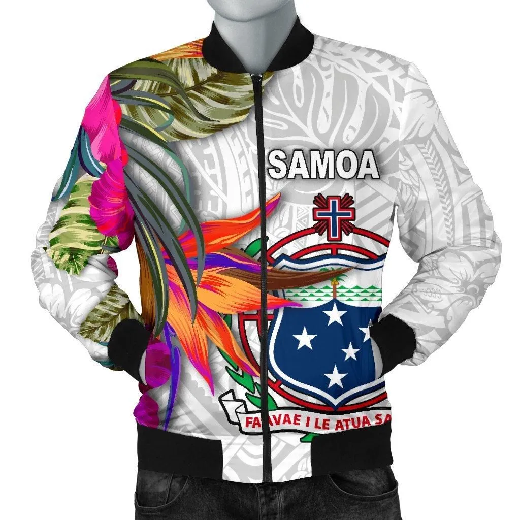 Samoa Mens Bomber Jacket - Polynesian Hibiscus White Pattern