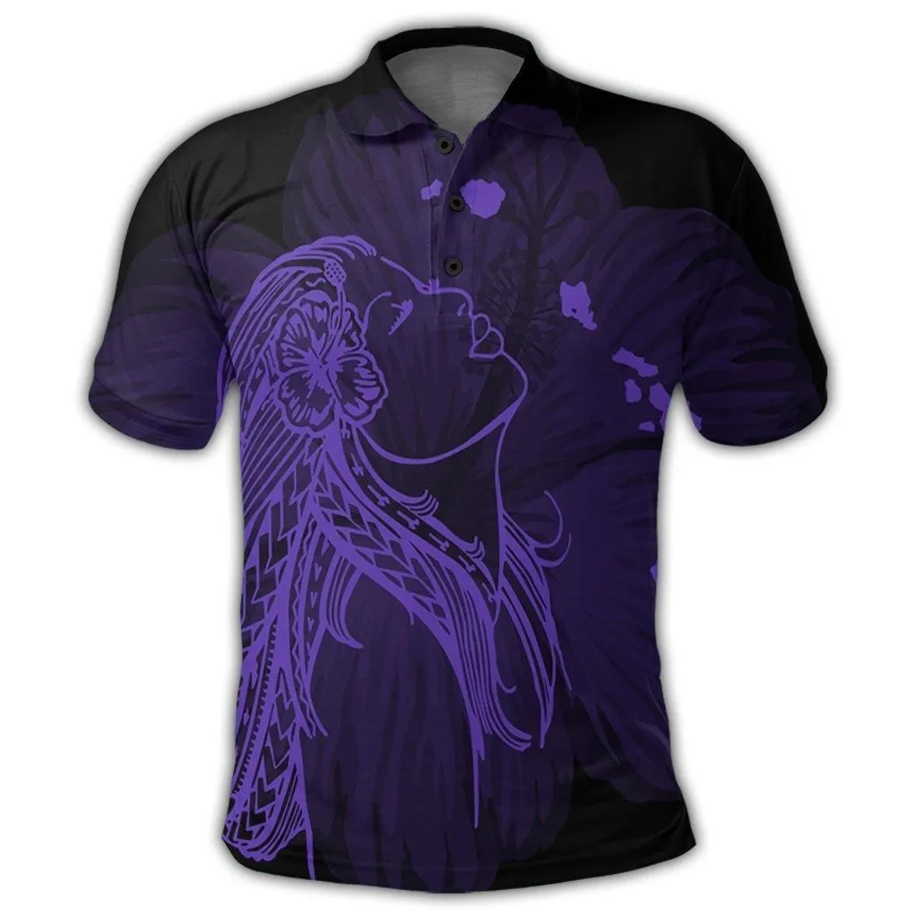 Hawaiian Map Heart Hula Girl Hibiscus Purple Polynesian Polo Shirt - AH