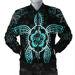 FamilyGater Jacket - Hawaiian Turtle And Hibiscus Polynesian Bomber Jacket Turquoise - AH - JR