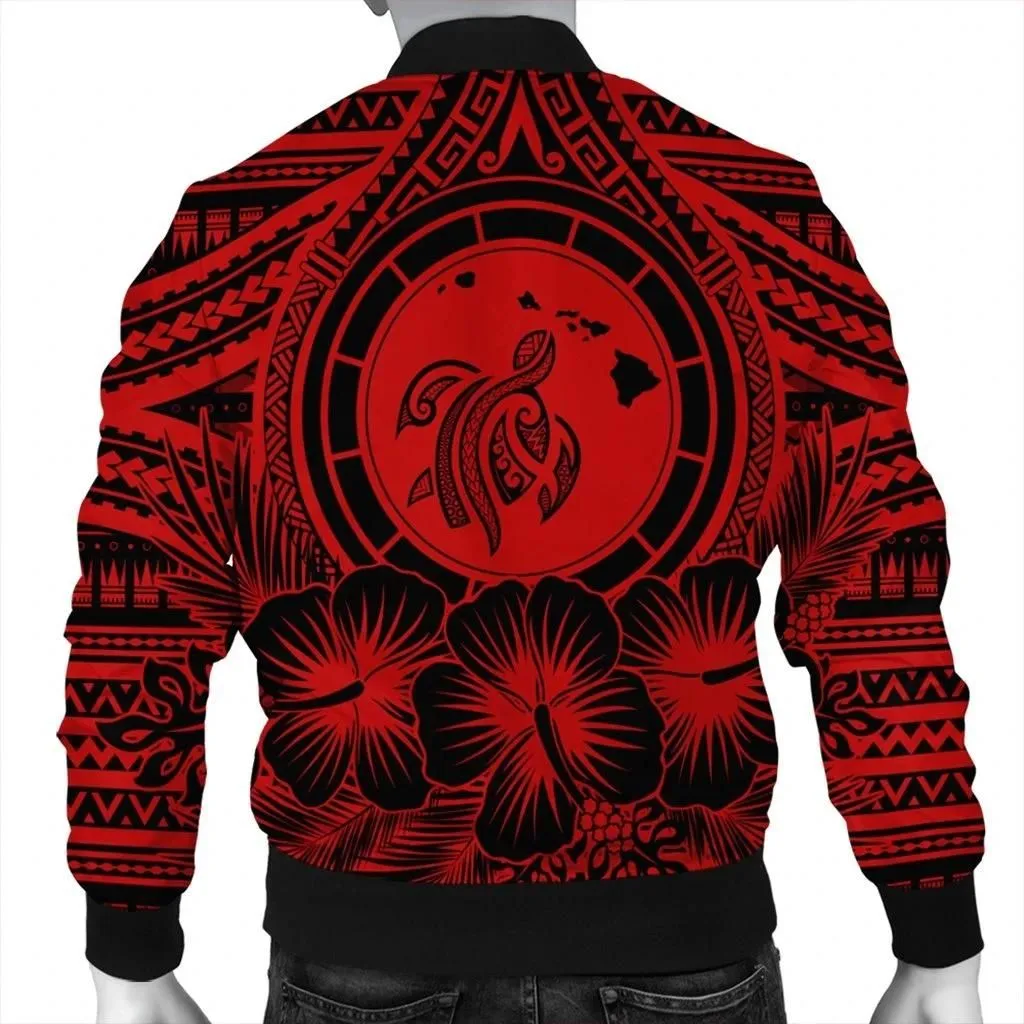 Alohawaii Jacket - Hawaiian Map Honu Hibiscus Tropic Red Polynesian Bomber Jacket - AH - JGR
