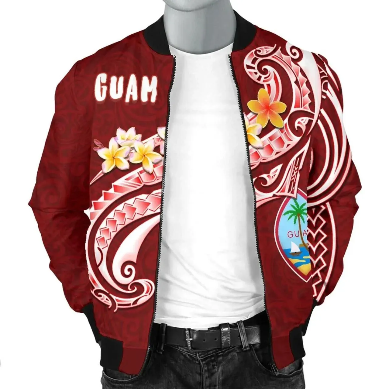 Guam Bomber Jacket - Guam Seal Polynesian Patterns Plumeria (Red)