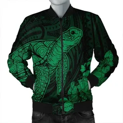 Hawaiian Hibiscus Memory Turtle Polynesian Bomber Jacket Green - AH